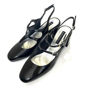 Adrizzlein Black Patent Mary Jane Round Toe Heels